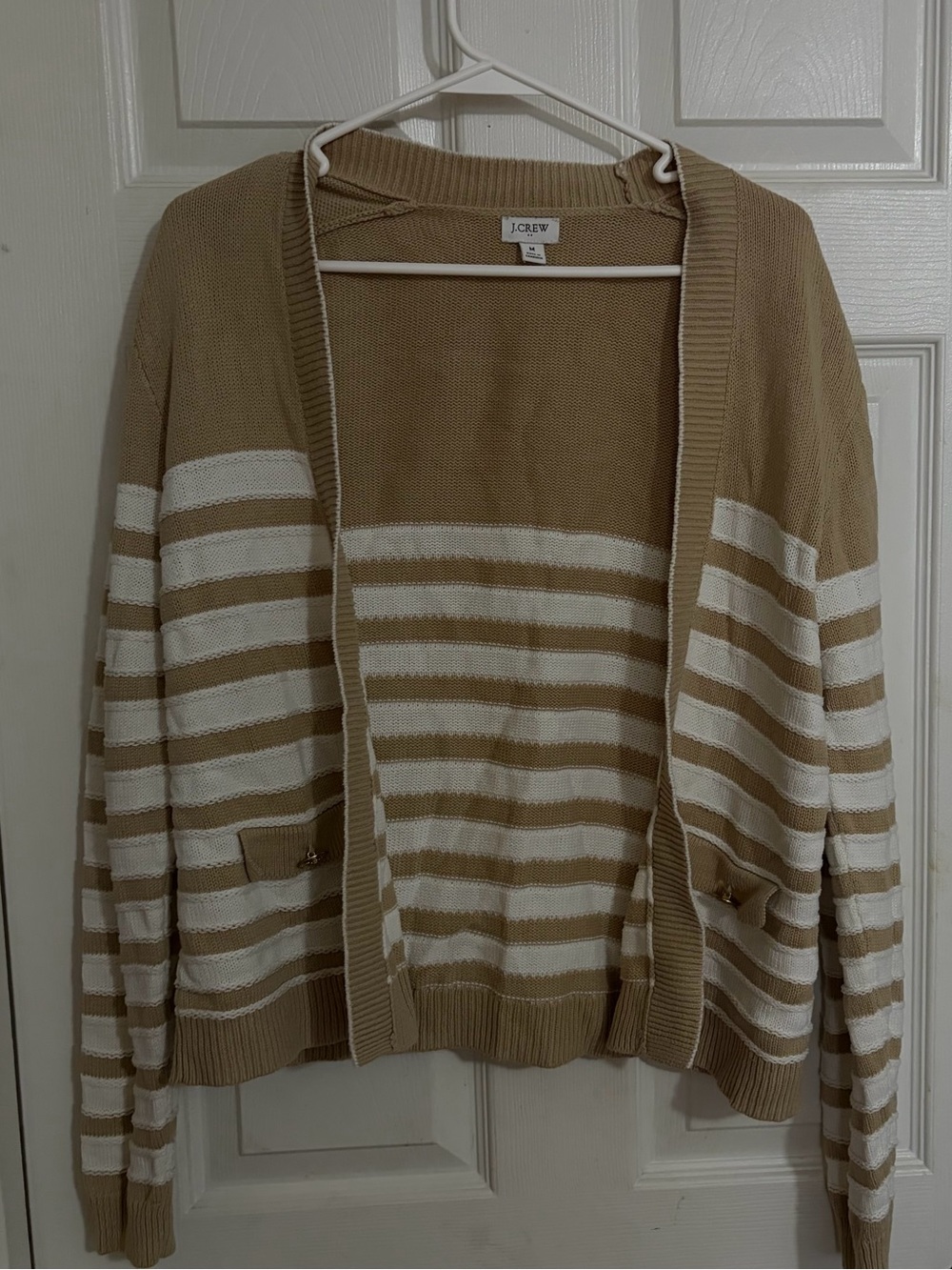 J. Crew Tan and Cream Striped Open-Front Cardigan